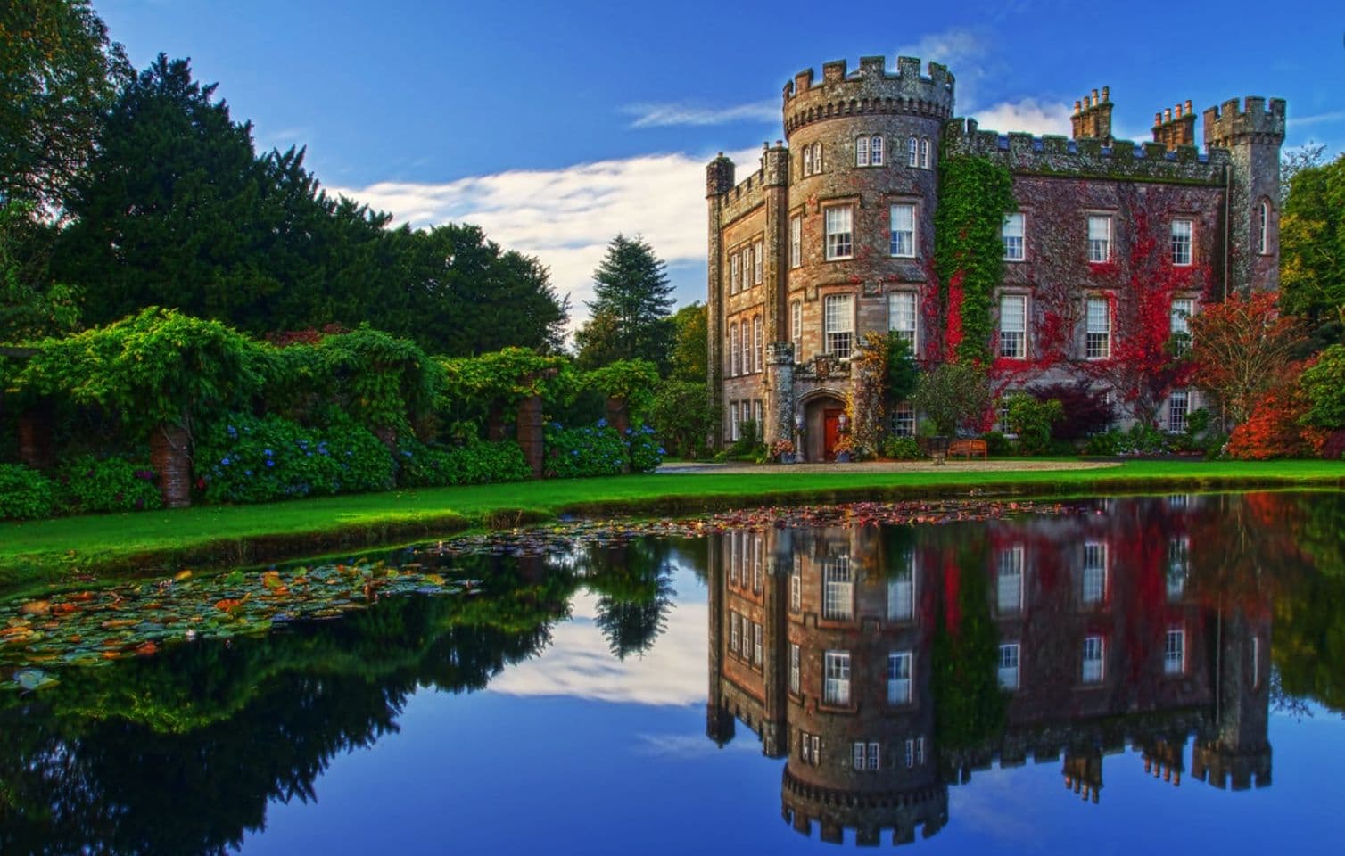 Cloncaird Castle reflected in the estate pond